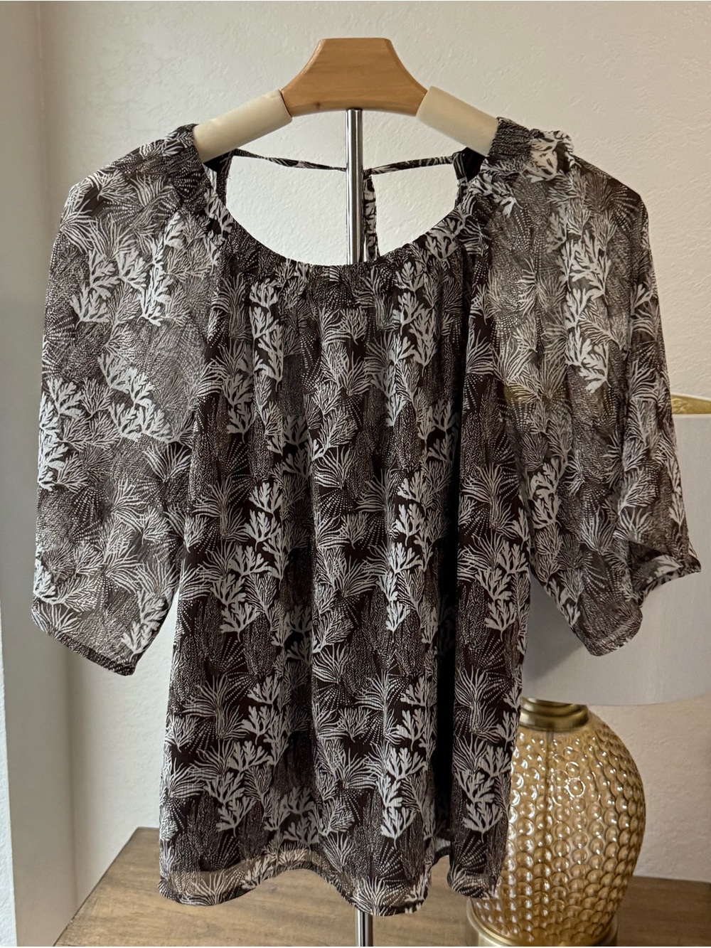 5 for $20 Deal- Loft Brown & White Coral Print Sheer Blouse- Size Small